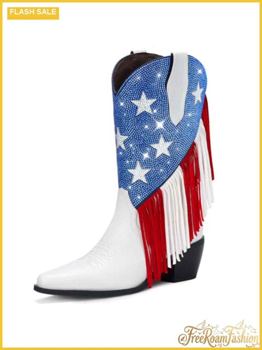 Rhinestone Fringe Cowboy Boots Pointed Toe Chunky Heel Women Mid-Calf Western